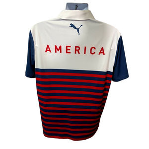 Puma Volition Polo Shirt Adult M Blue White & Red Breathable American Flag Mens